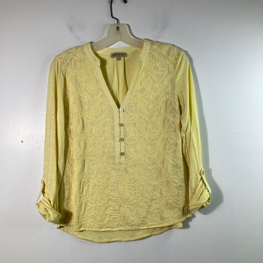 Womens‎ Democracy Butter Yellow Embroidered Tunic Top 1/2 Button Pullover S